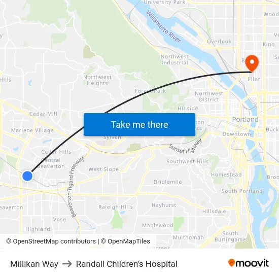 Millikan Way to Randall Children's Hospital map