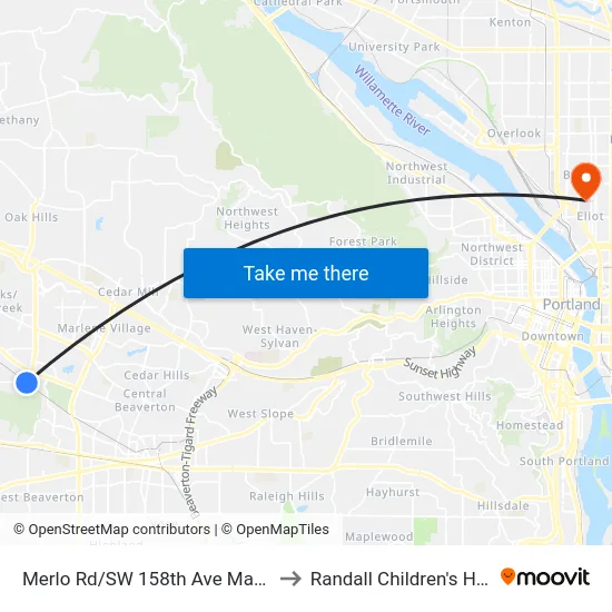 Merlo Rd/SW 158th Ave Max Station to Randall Children's Hospital map