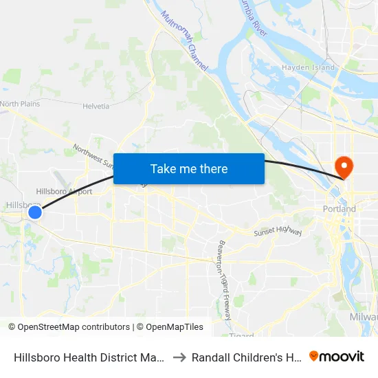 Hillsboro Health District Max Station to Randall Children's Hospital map