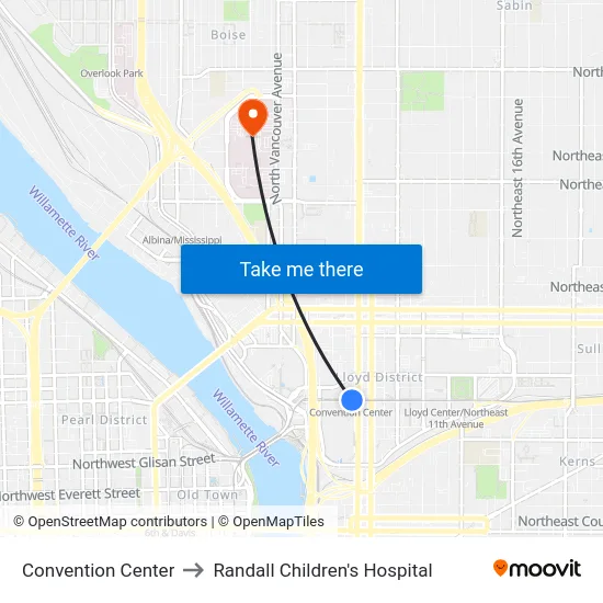Convention Center to Randall Children's Hospital map