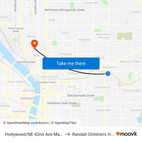 Hollywood/NE 42nd Ave Max Station to Randall Children's Hospital map