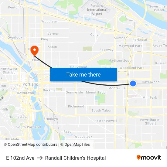 E 102nd Ave to Randall Children's Hospital map