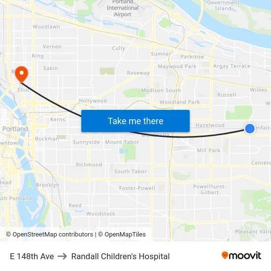 E 148th Ave to Randall Children's Hospital map