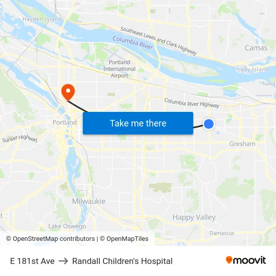 E 181st Ave to Randall Children's Hospital map