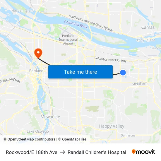 Rockwood/E 188th Ave to Randall Children's Hospital map