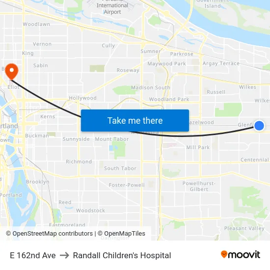 E 162nd Ave to Randall Children's Hospital map