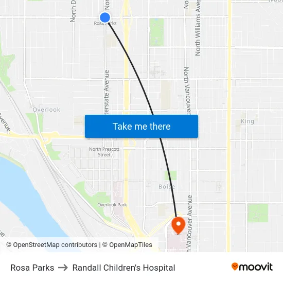 Rosa Parks to Randall Children's Hospital map