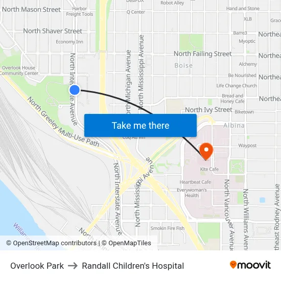 Overlook Park to Randall Children's Hospital map