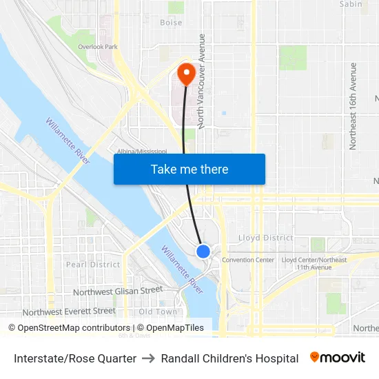Interstate/Rose Quarter to Randall Children's Hospital map