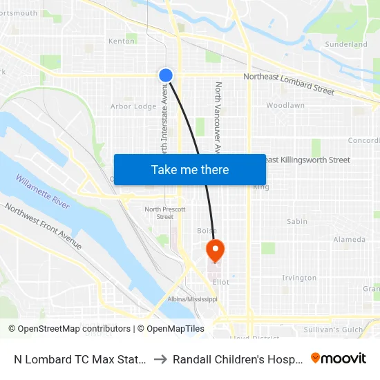 N Lombard TC Max Station to Randall Children's Hospital map