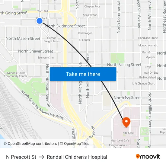 N Prescott St to Randall Children's Hospital map