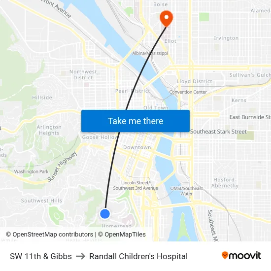 SW 11th & Gibbs to Randall Children's Hospital map