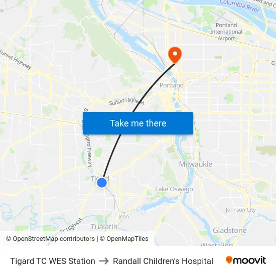 Tigard TC WES Station to Randall Children's Hospital map