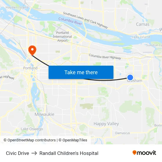 Civic Drive to Randall Children's Hospital map
