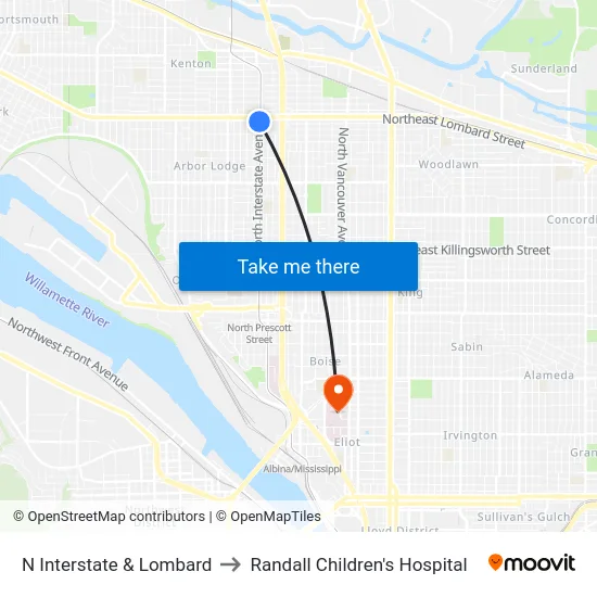 N Interstate & Lombard to Randall Children's Hospital map