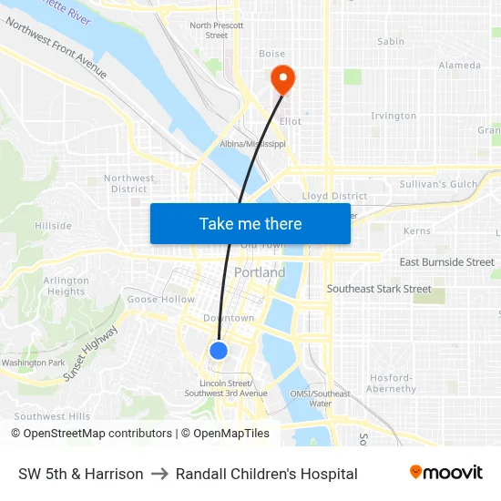 SW 5th & Harrison to Randall Children's Hospital map