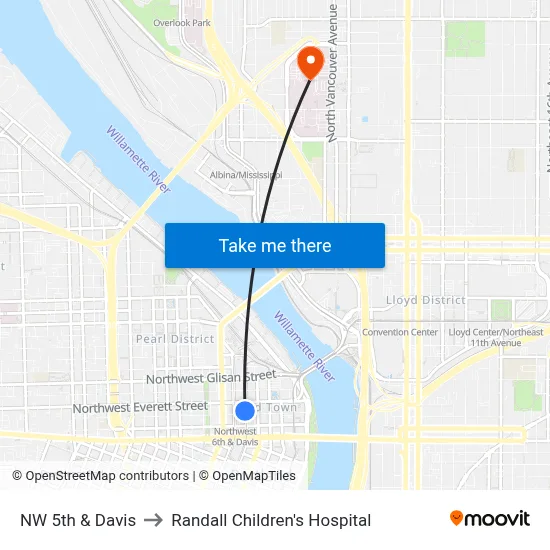 NW 5th & Davis to Randall Children's Hospital map