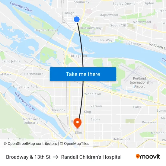 Broadway & 13th St to Randall Children's Hospital map