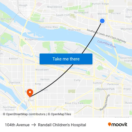 104th Avenue to Randall Children's Hospital map
