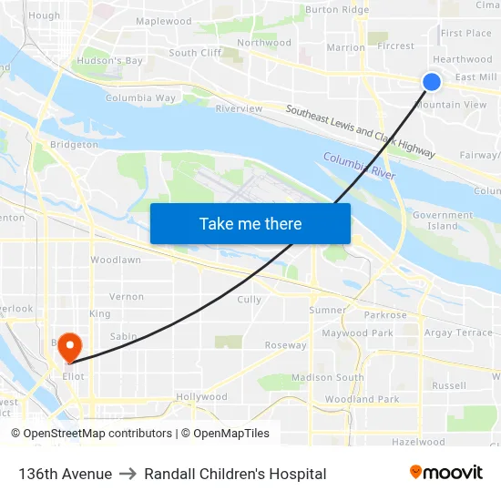 136th Avenue to Randall Children's Hospital map