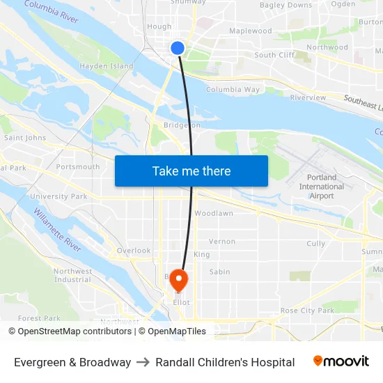 Evergreen & Broadway to Randall Children's Hospital map