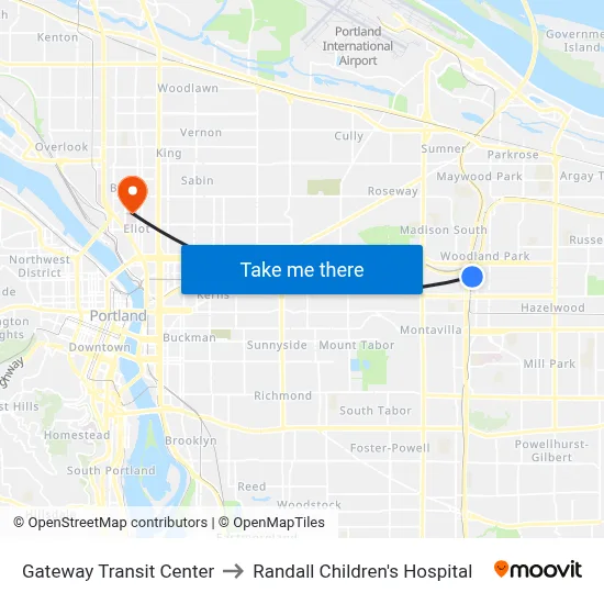 Gateway Transit Center to Randall Children's Hospital map