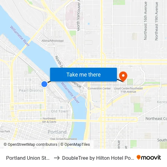 Portland Union Station to DoubleTree by Hilton Hotel Portland map