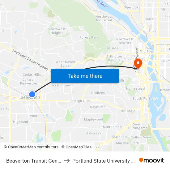 Beaverton Transit Center to Portland State University OIT map
