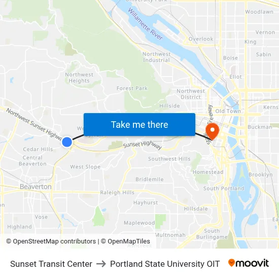 Sunset Transit Center to Portland State University OIT map