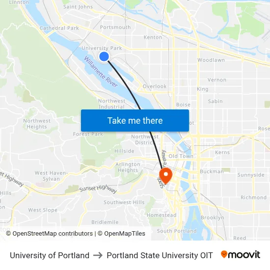 University Of Portland to Portland State University OIT map