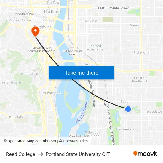 Reed College to Portland State University OIT map