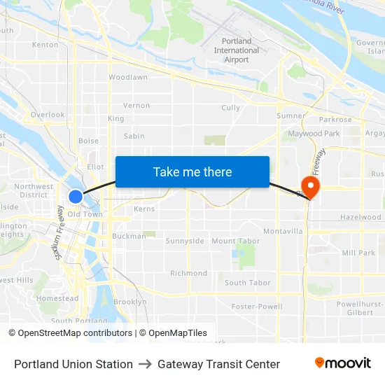 Portland Union Station to Gateway Transit Center map