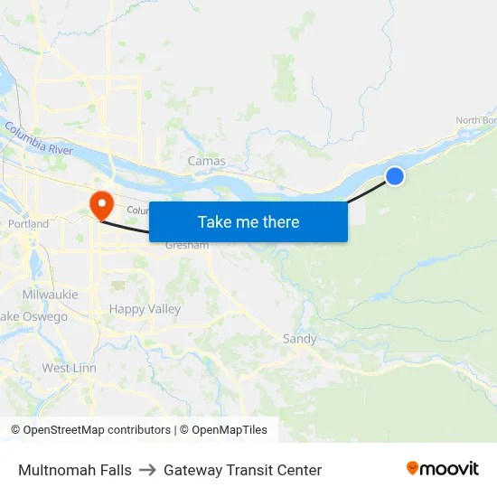 Multnomah Falls to Gateway Transit Center map
