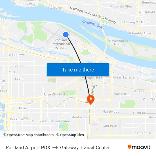 Portland Airport PDX to Gateway Transit Center map