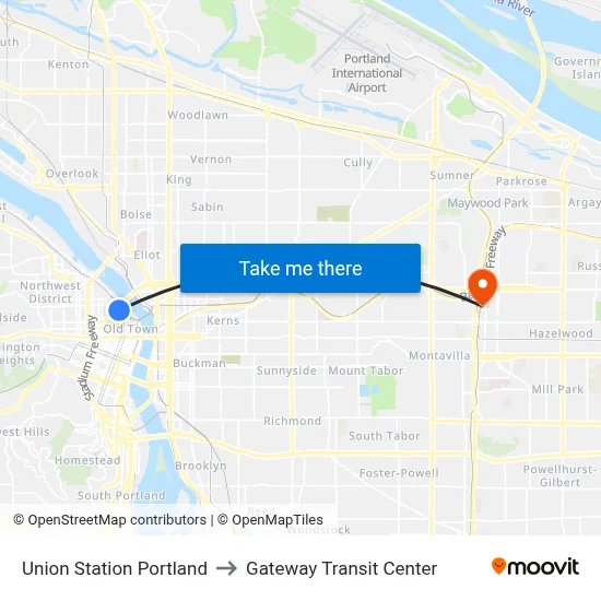 Union Station Portland to Gateway Transit Center map