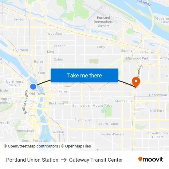 Portland Union Station to Gateway Transit Center map