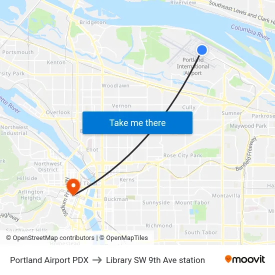 Portland Airport PDX to Library SW 9th Ave station map
