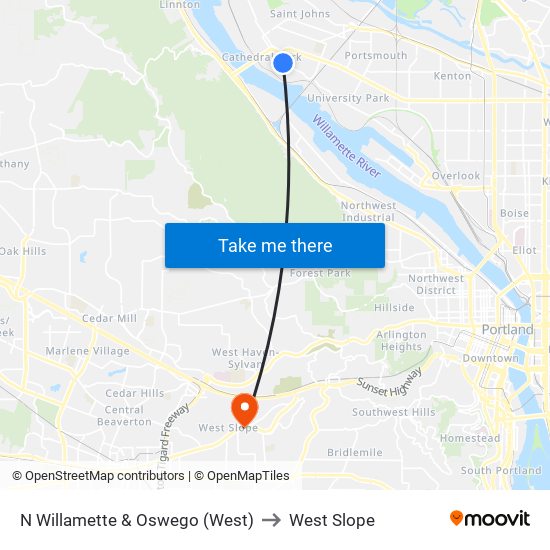 N Willamette & Oswego (West) to West Slope map