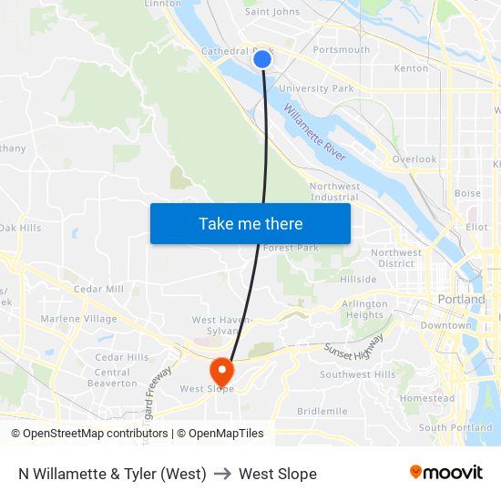 N Willamette & Tyler (West) to West Slope map