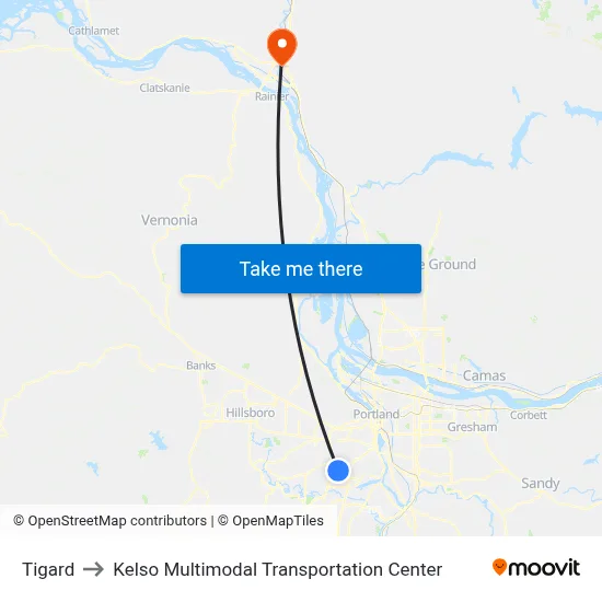 Tigard to Kelso Multimodal Transportation Center map