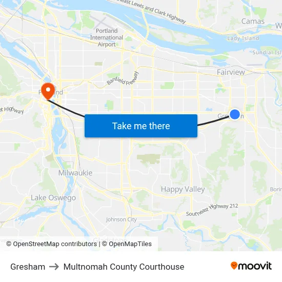 Gresham to Multnomah County Courthouse map