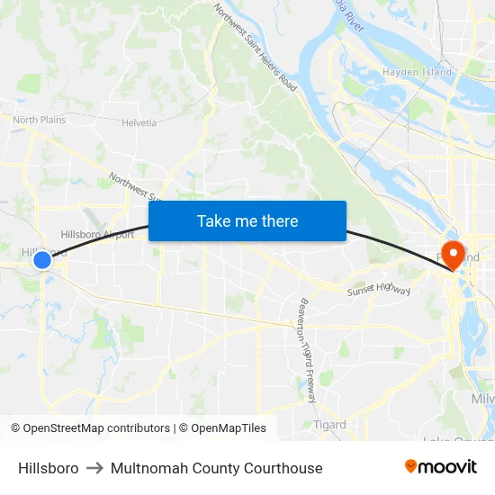 Hillsboro to Multnomah County Courthouse map