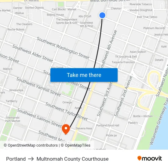 Portland to Multnomah County Courthouse map