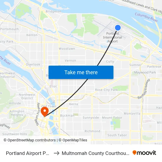 Portland Airport PDX to Multnomah County Courthouse map