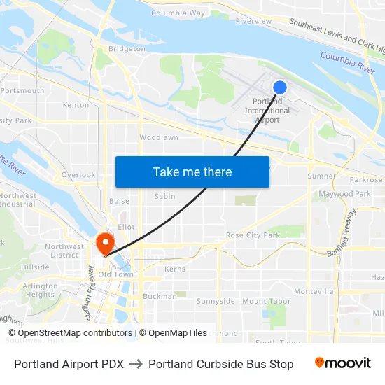 Portland Airport PDX to Portland Curbside Bus Stop map