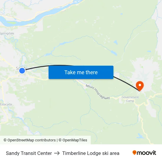 Sandy Transit Center to Timberline Lodge ski area map