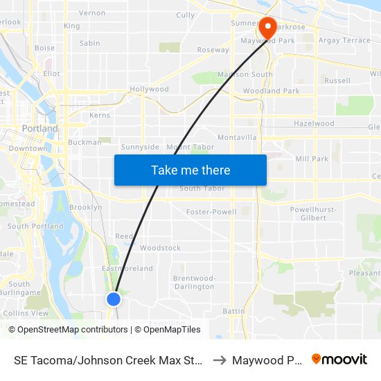 SE Tacoma/Johnson Creek Max Station to Maywood Park map