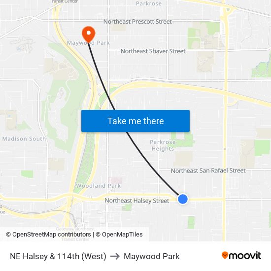 NE Halsey & 114th (West) to Maywood Park map