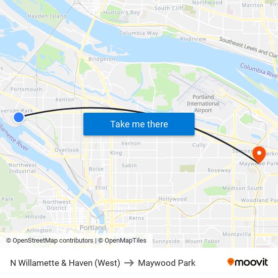 N Willamette & Haven (West) to Maywood Park map