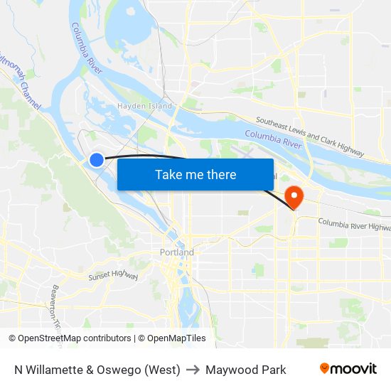 N Willamette & Oswego (West) to Maywood Park map